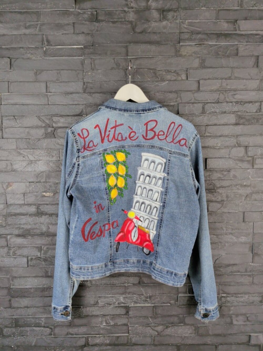 Retro Italy Wearable Art Jean Jacket Painted Upcycled Travel Lemon Vespa Wom L
